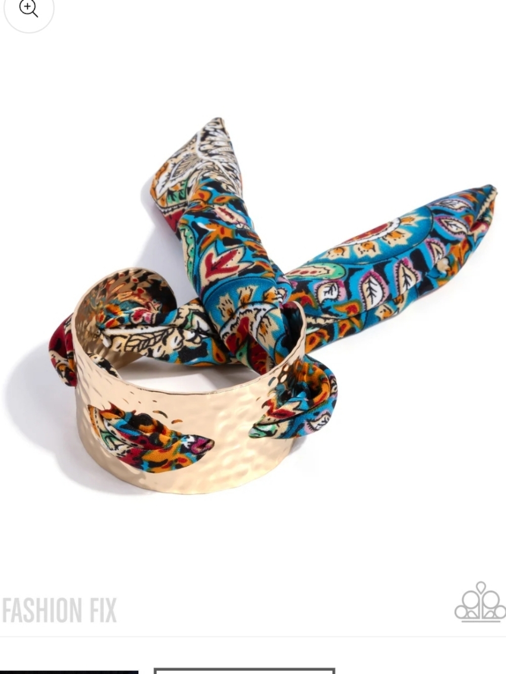 Retro Resort Multi Paparazzi Gold Hammered Cuff with Blue Multi Scarf Accent